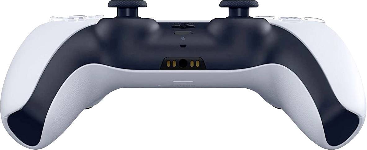 A white and black video game controller in frontal view with clearly visible buttons and joysticks.