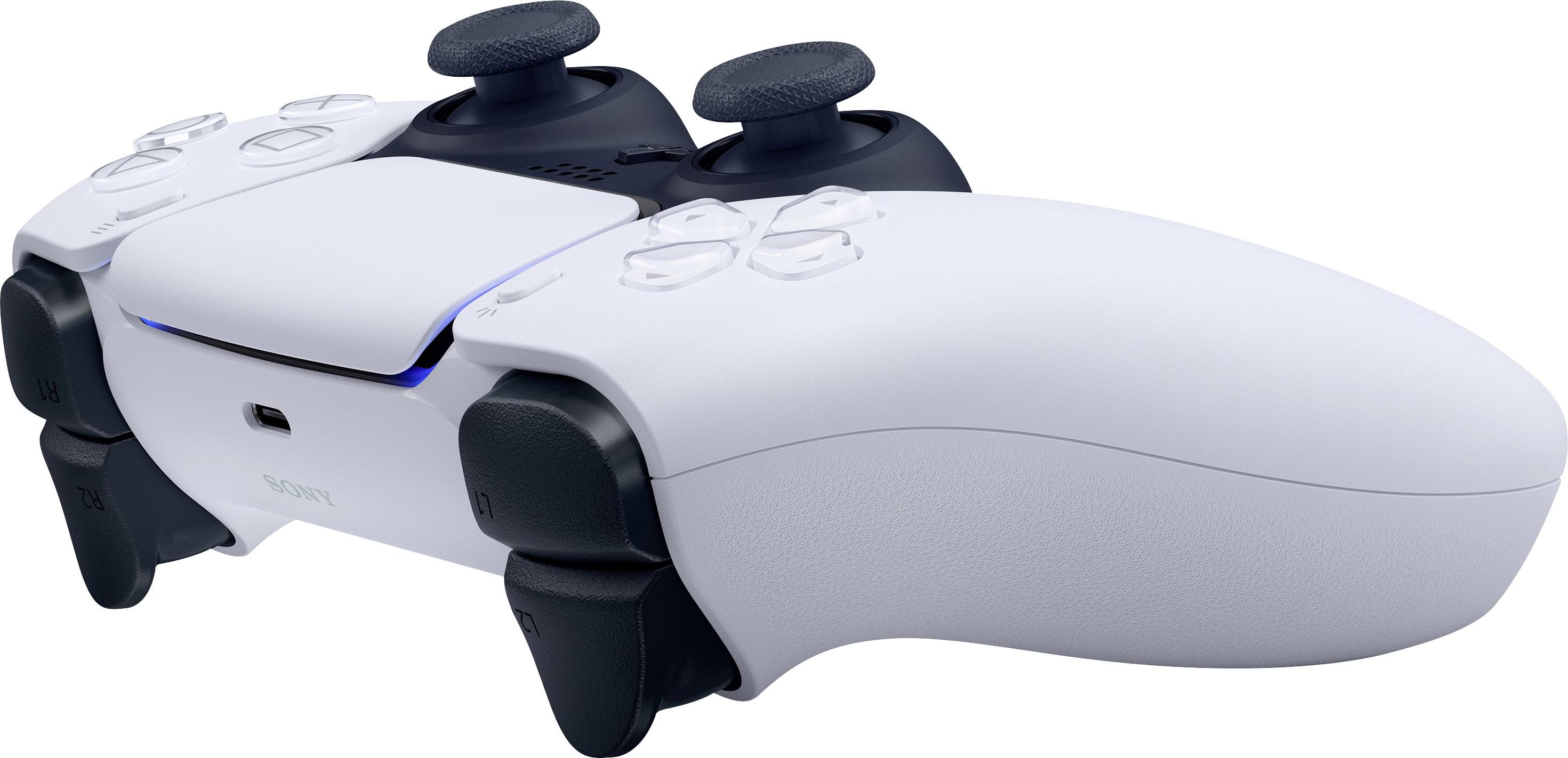 A white, wireless video game controller with black grips and blue LED lights on a white background.