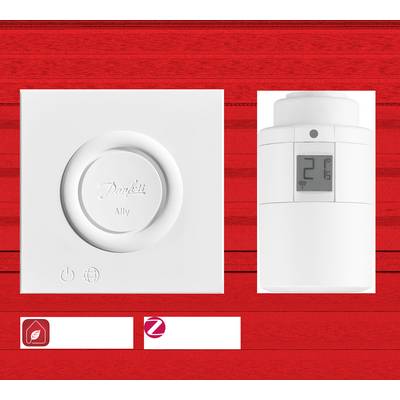 A white smart home thermostat with a display showing 21 degrees, alongside a matching control unit. Decoration on a red background.