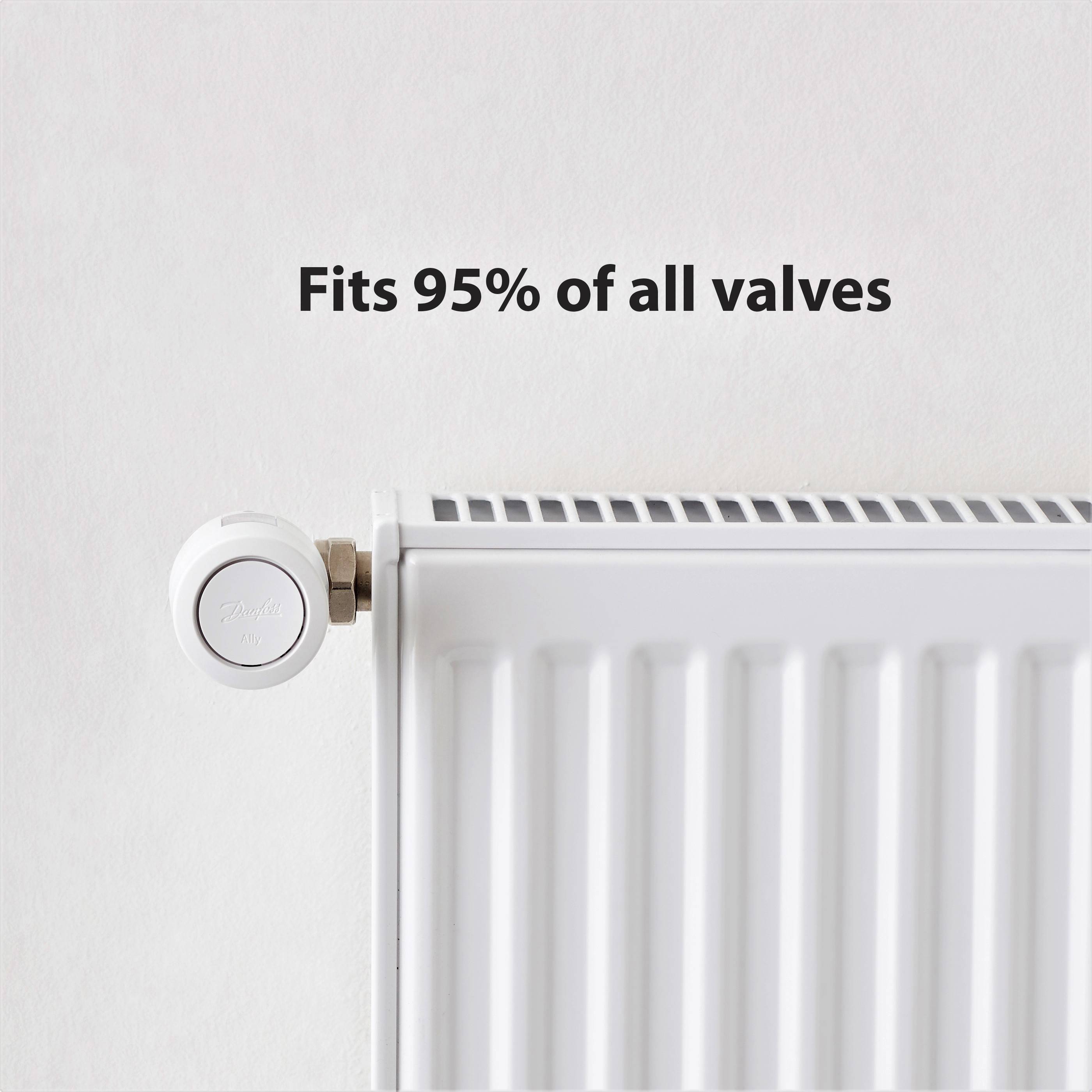 A radiator with a valve on the left. Text above: 'Fits 95% of all valves'.