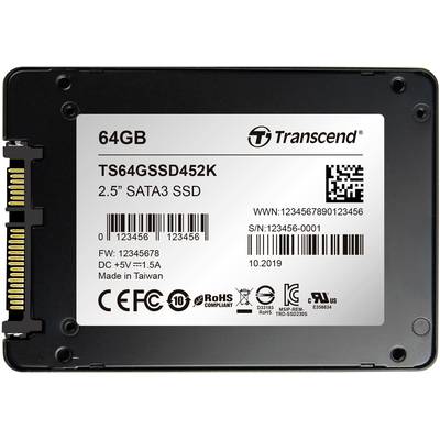 A 64GB Transcend 2.5" SATA3 SSD with model number TS64GSSD452K, manufactured in 2019. Contains information such as serial number and input voltage.