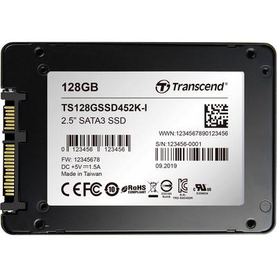 A 128GB 2.5" SATA3 SSD from Transcend, model TS128GSSD452K-I, with serial number and manufacturing data on the label.