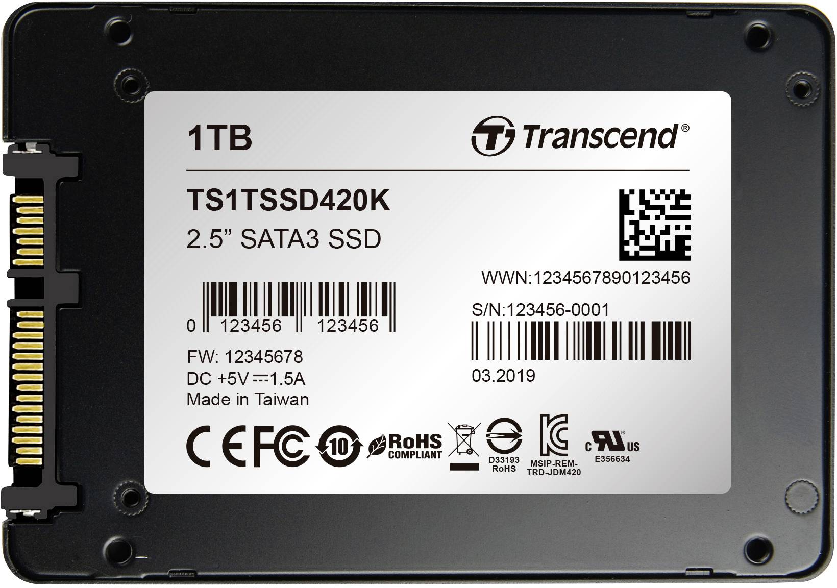 Hard drive 'Transcend 1TB SATA3 SSD', Model TS1TSSD420K, 2.5 inch, with serial and manufacturing data on label.