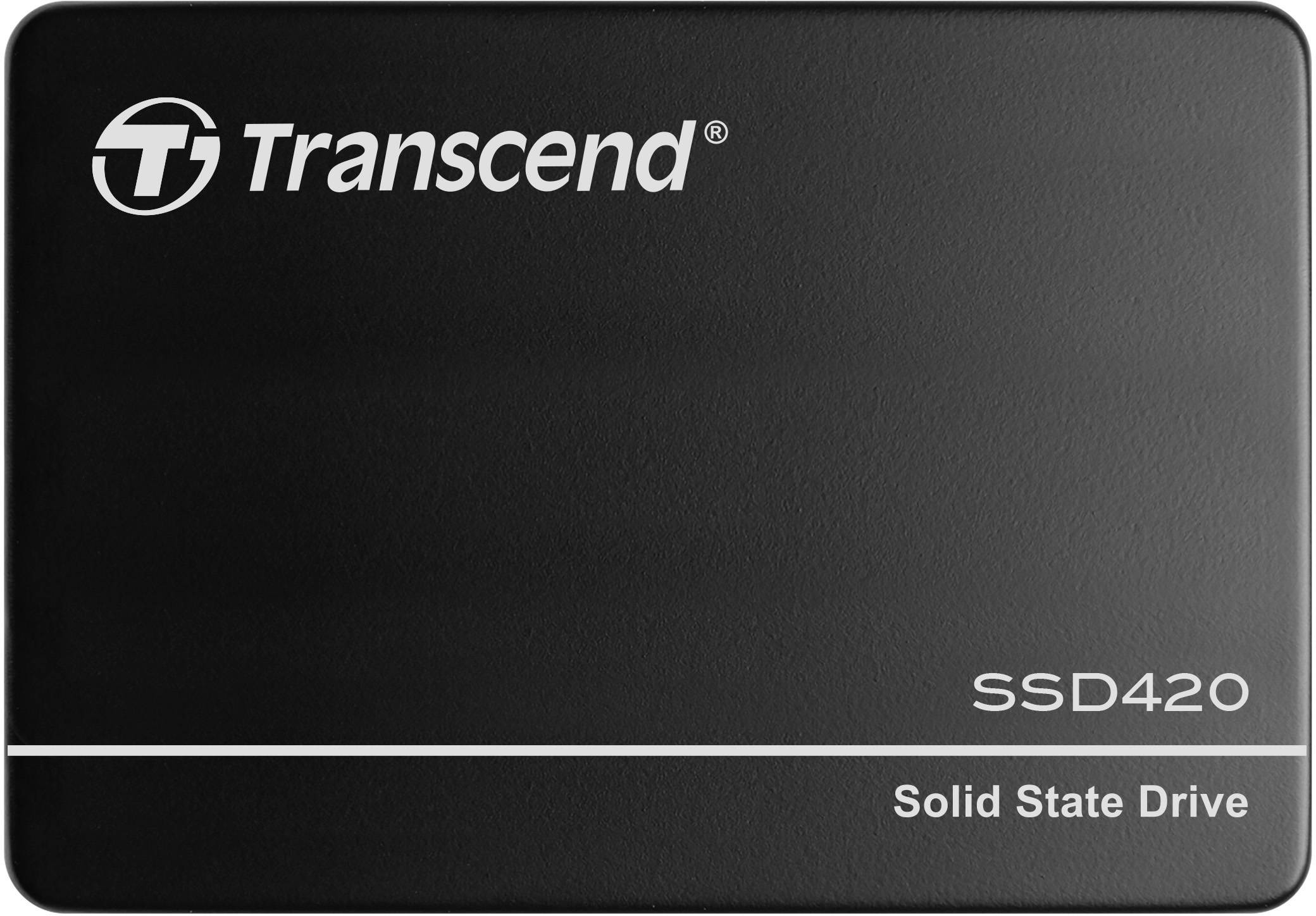 Black Transcend SSD420 Solid State Drive with white logo and text, suitable for fast memory access in computers.