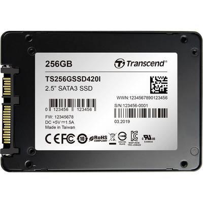 A black 256GB SSD 2.5" SATA3 from Transcend with technical specifications and serial number on the label.