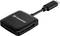 A black Transcend card reader with a USB-C connection that supports various memory card formats.