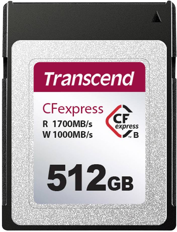 'Transcend CFexpress Memory Card, 512GB, Read Speed 1700MB/s, Write Speed 1000MB/s, Type B.'