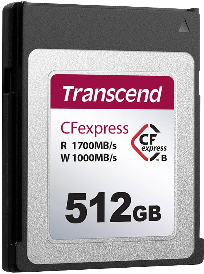 Memory card, 512 GB capacity, Transcend CFexpress Type B, Read speed 1700 MB/s, Write speed 1000 MB/s.
