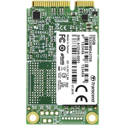 A Transcend mSATA SSD with 32 GB capacity, showing serial number and manufacturer details. Primarily green circuit board visible.