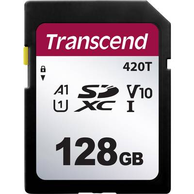 A 128 GB memory card, suitable for fast data transfers. Brand name 'Transcend', model '420T'.