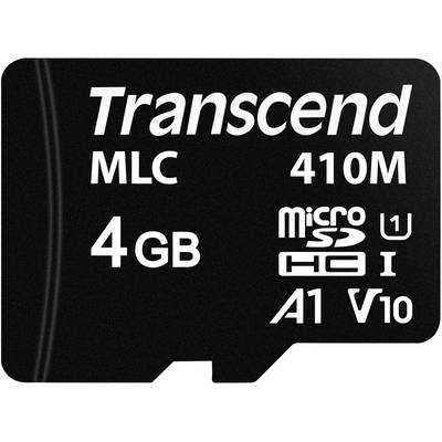 'Transcend 4GB microSD Card', with MLC and speed ratings, suitable for A1 applications, Class 10, U1.