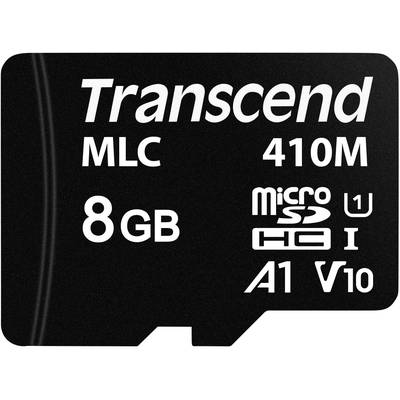 'Transcend 8 GB microSD card, MLC, 410M, microSDHC, UHS-I, A1, V10. Black with white text.'