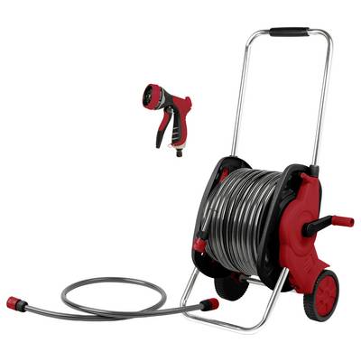 Hose Cart with Hose and Spray Nozzle. The cart has a red and black design with a hand crank and two wheels.
