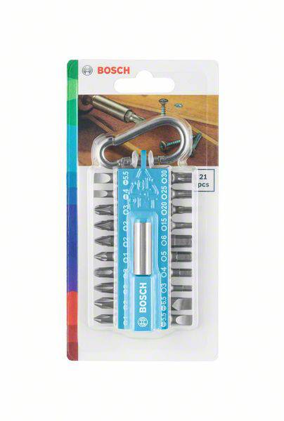 'Bosch screwdriver bit set with 21 pieces. Includes various bit sizes. Packaging shows wood and screws in the background.'