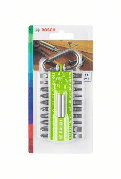 Packaging image of a Bosch screwdriver bit set with 21 pieces and carabiner hook, against a light background.