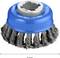 A blue, round wire brush from Bosch, diameter 75 mm, with twisted metal wires and an opening in the center for machine attachment.