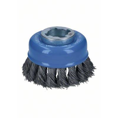 Round wire brush with blue plastic casing, suitable for cleaning and removing rust from metal surfaces.