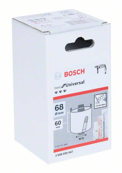 Packaging for a Bosch drill crown set, 68 mm size, suitable for stone and metal processing, with an image of a drill bit.