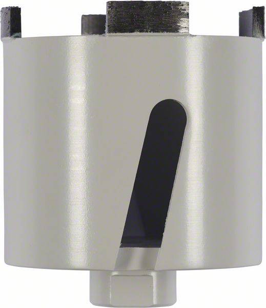 Concrete drill crown with six closed teeth, straight drill point, silver colour.