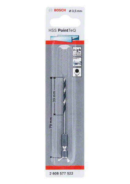 'Bosch HSS PointTeQ Metal Drill Bit, Diameter 3.5 mm, Length 39 mm, with Hexagonal Shank, Suitable for Metals, High Speed.'