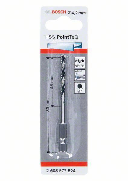 'Bosch HSS PointTeQ Metal Drill Bit, Diameter 4.2 mm, Length 83 mm. Packaging shows drill bit and features such as high speed.'