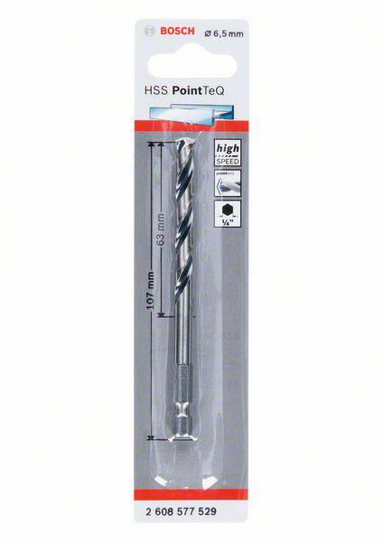 Drill 'Bosch HSS PointTeQ', 6.5 mm diameter, 107 mm length, for metalworking, packaging displays product dimensions and brand logo.