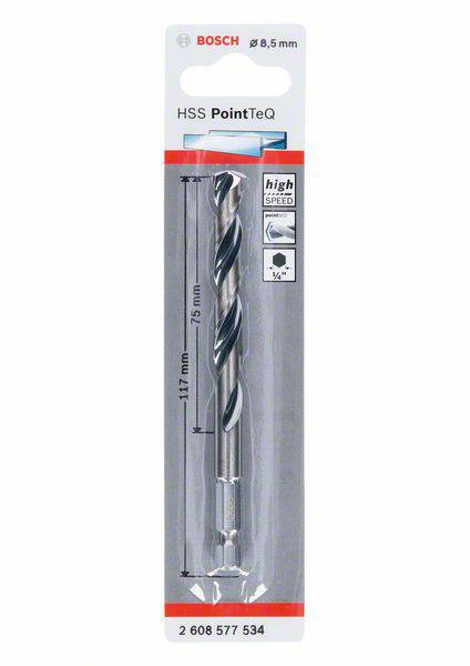 'Bosch HSS PointTeQ Drill Bit 8.5 mm, Length 117 mm. Packaged in a graphic blister pack. Suitable for metal drilling, high speed.'
