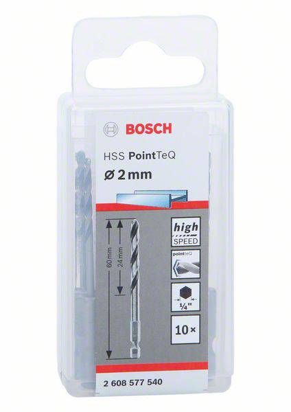 A plastic sleeve containing a 2 mm HSS drill bit from Bosch, marked for high speed and suitable for metal drilling.