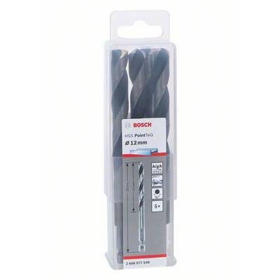 Bosch drill bit set in a transparent case, labelled 'HSS PointTeQ Ø 12 mm', containing three black metal drill bits.
