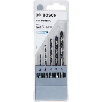 'Bosch HSS PointTeQ 5-piece Drill Bit Set in varying sizes from 2 to 6 mm, suitable for metal drilling.'