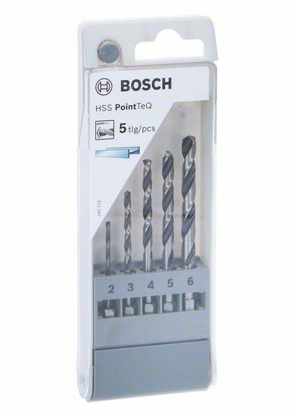 A set of five Bosch HSS spiral drill bits in a transparent packaging with sizes ranging from 2 to 6 mm, featuring Point-TeQ technology.