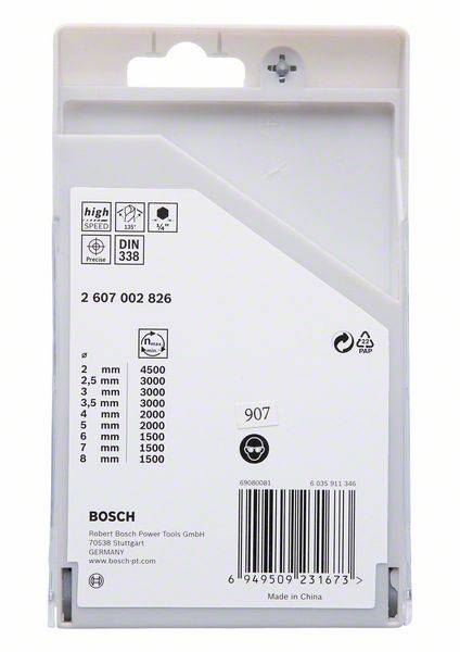 The image shows a Bosch HSS drill bit packaging, suitable for metalworking with various diameters and speeds.