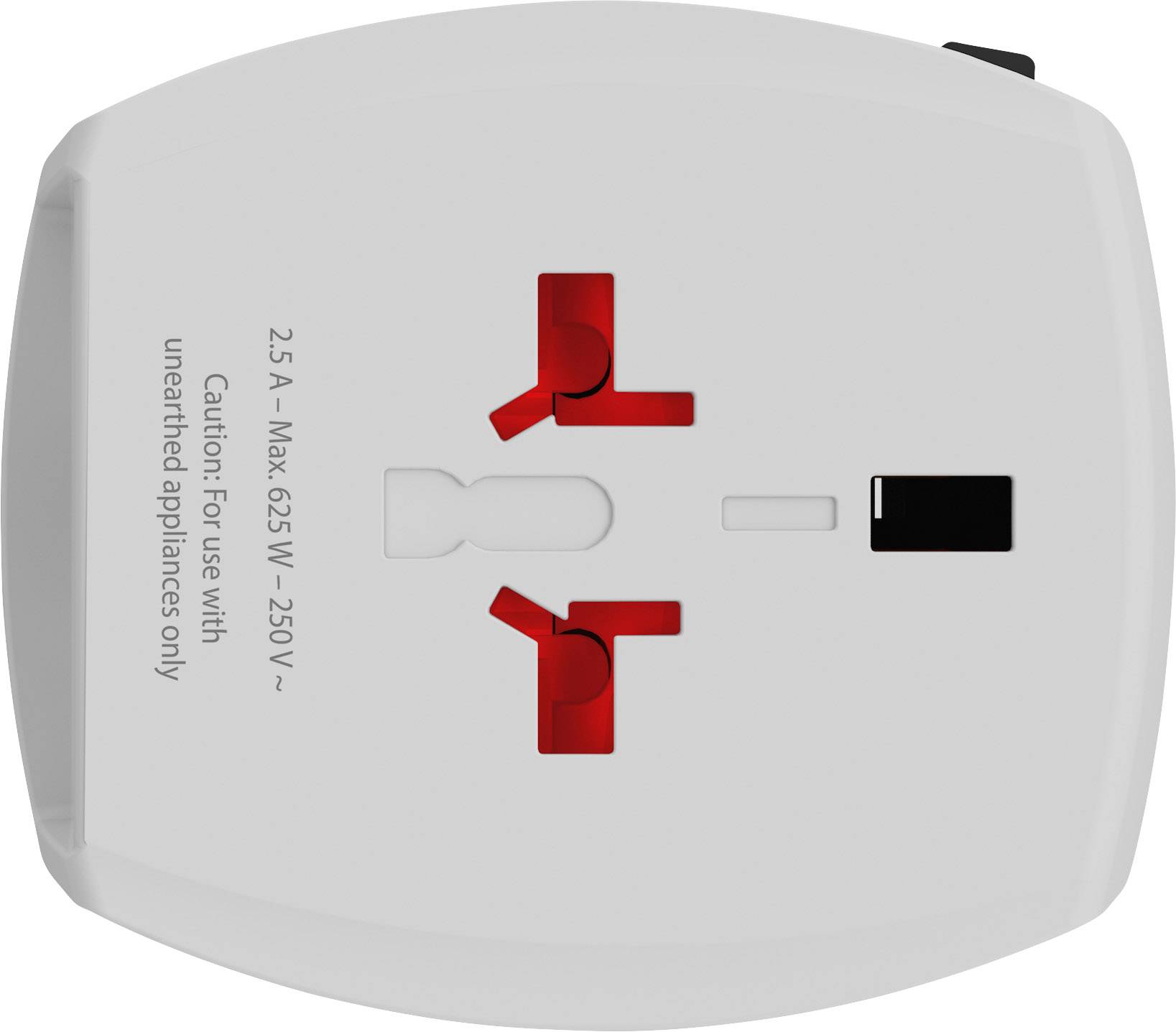 Illustration of a travel adapter with two red protective covers for socket openings and a note: 'For use with unearthed appliances only'.