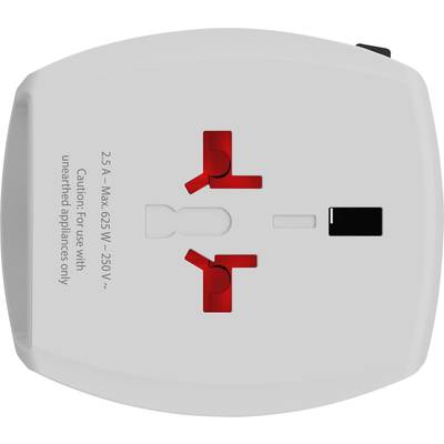 Illustration of a travel adapter with two red protective covers for socket openings and a note: 'For use with unearthed appliances only'.