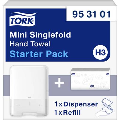 'Starter Pack' with a Tork 'Mini Singlefold Hand Towel' dispenser and refill. Contains 1 dispenser and 1 refill pack.