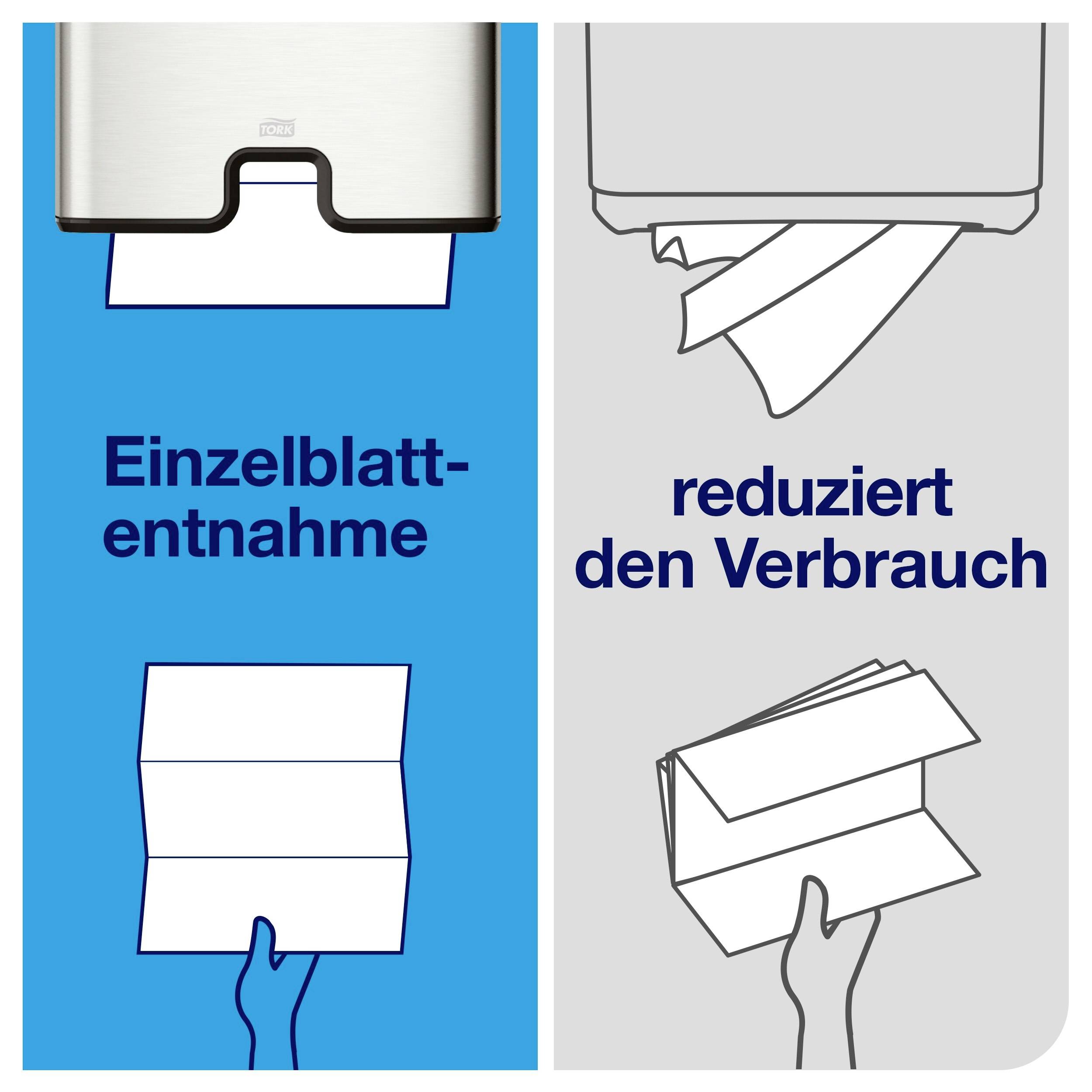 Towel dispenser with paper towels; left: 'Single sheet dispensing', right: 'reduces consumption'. Illustrations show the dispensing mechanism.