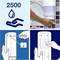 '2500 Drops' over a symbol of a hand with a droplet. Top right: Hand operating soap dispenser. Bottom: Installation instructions for dispenser.