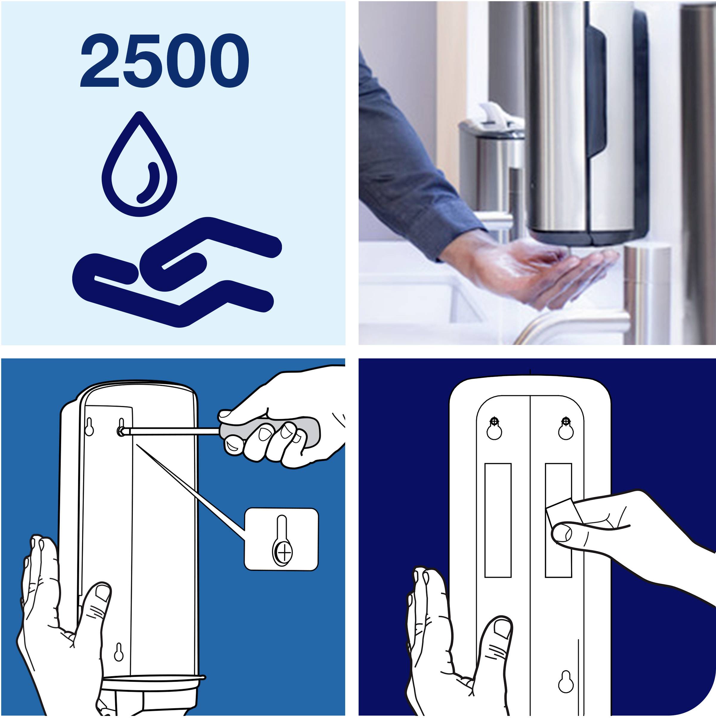 '2500' above a hand washing symbol. Two instructional images show how a dispenser is installed. Right photo: Person using the dispenser.