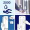 '2500' above a hand washing symbol. Two instructional images show how a dispenser is installed. Right photo: Person using the dispenser.