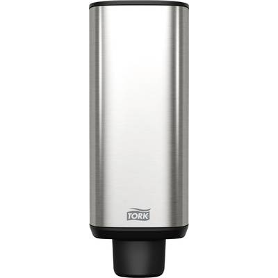 A stainless steel soap dispenser with a black outlet, marked with 'Tork' at the bottom edge.