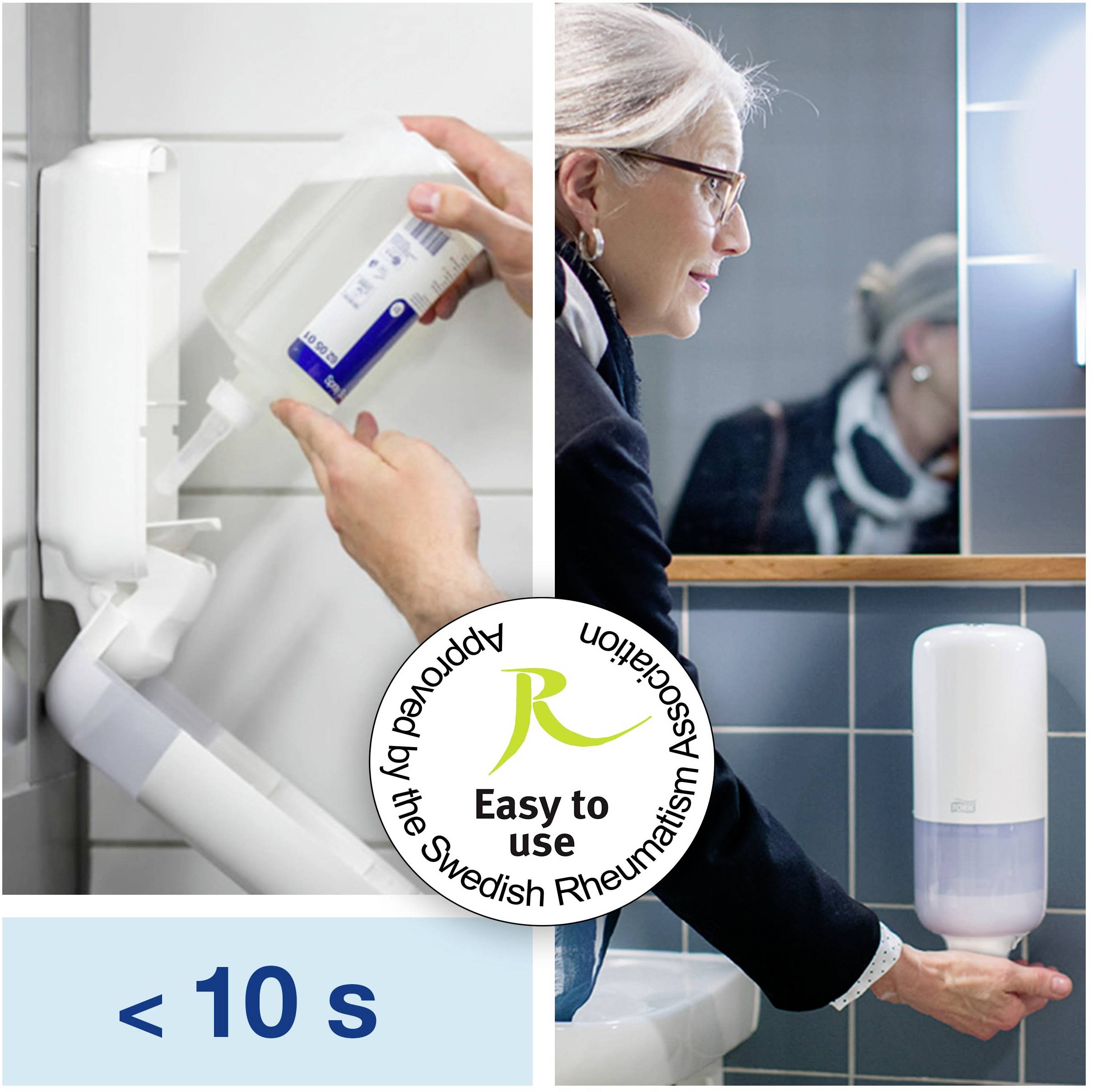 A person is filling soap into a soap dispenser. A circular seal shows 'Approved by the Swedish Rheumatism Association'.