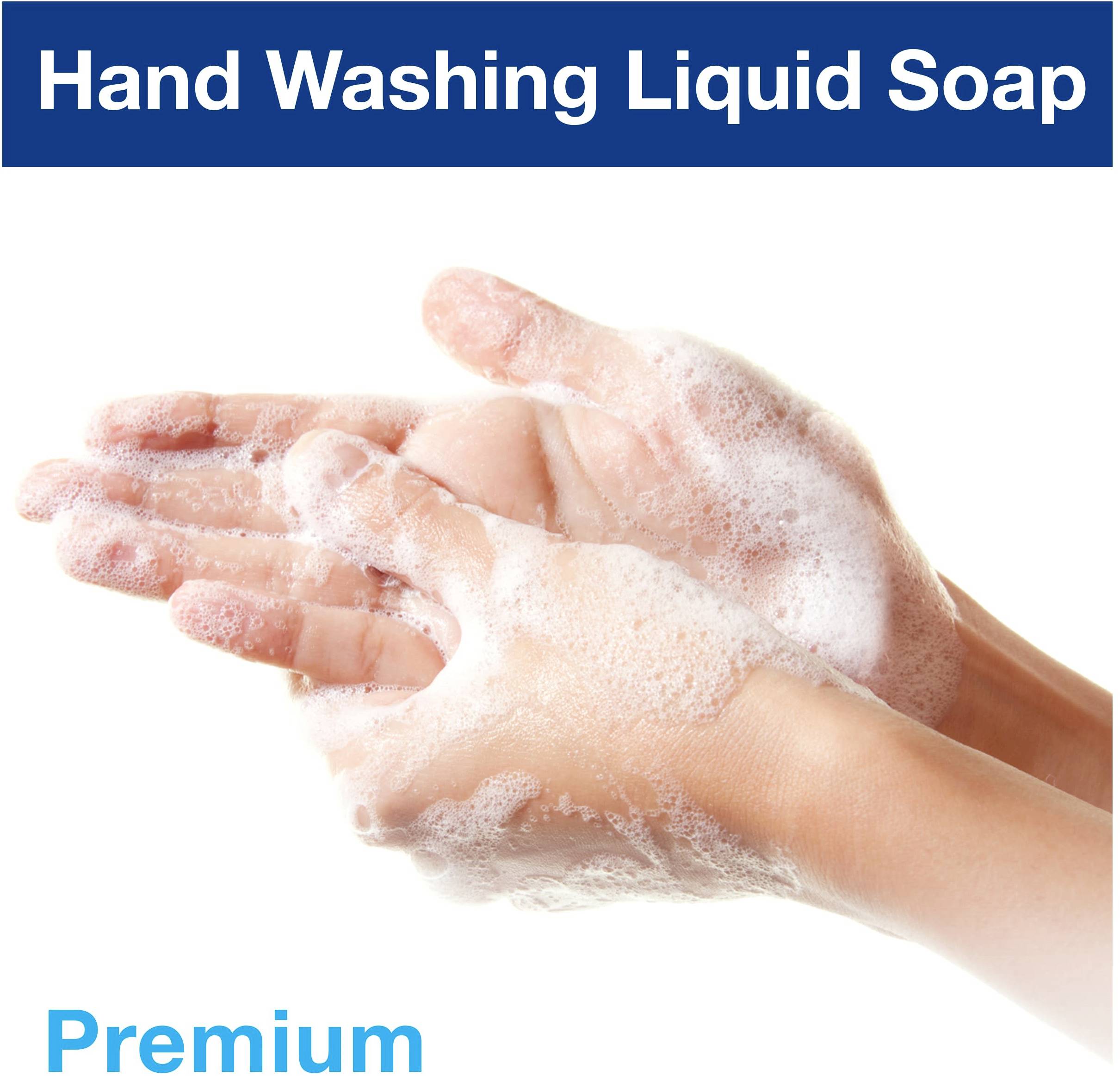 Close-up of hands being washed with foaming liquid soap, with the text 'Hand Washing Liquid Soap' at the top in a blue banner.