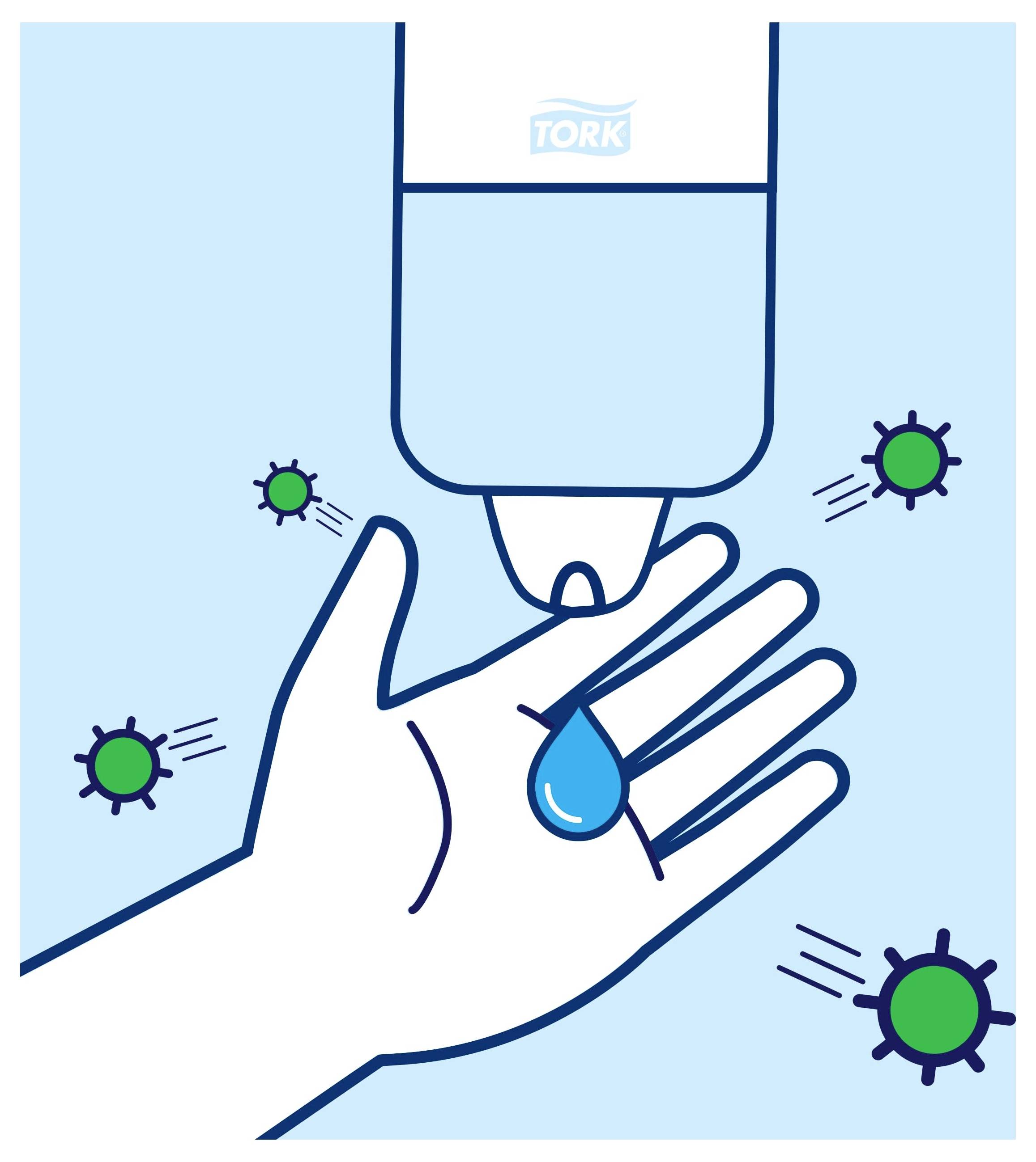 Soap dispenser sanitizing a hand, with droplets and germ icons showing hand hygiene and infection control.