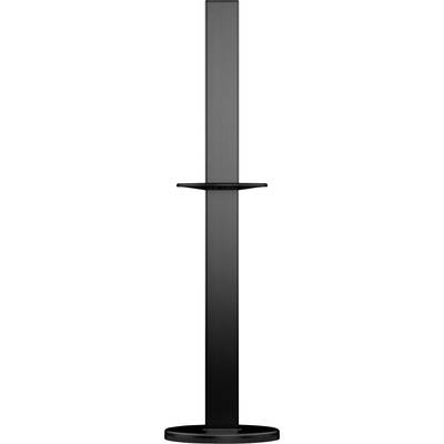 A black, slender speaker stand with a round base and rectangular pole, suitable for positioning a speaker.