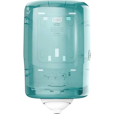 A wall-mounted, transparent green paper towel dispenser. Top surface text shows brand and model. Designed for public washrooms.