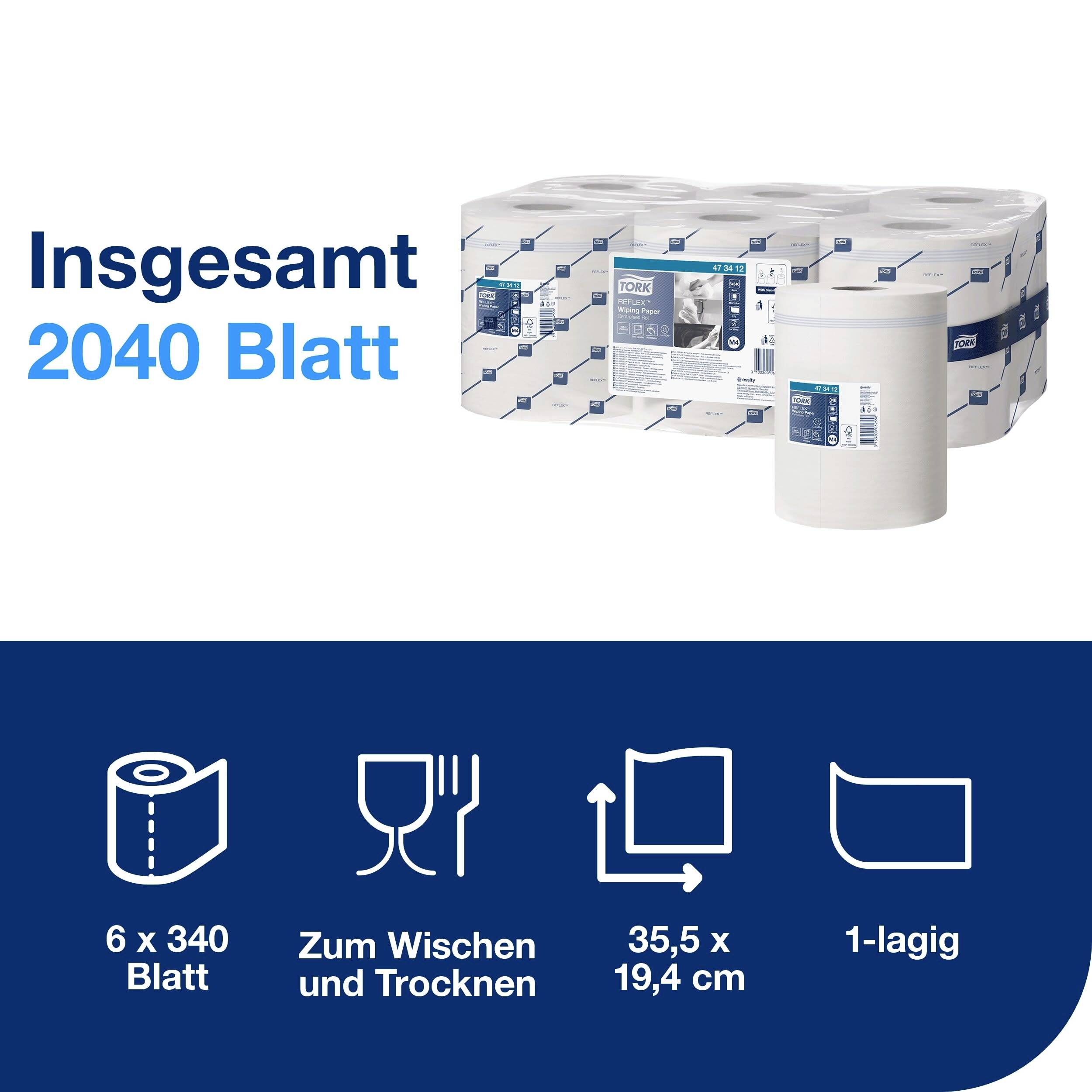 Six rolls of paper with a total of 2040 sheets, suitable for wiping and drying, size 35.5 x 19.4 cm, 1-ply.