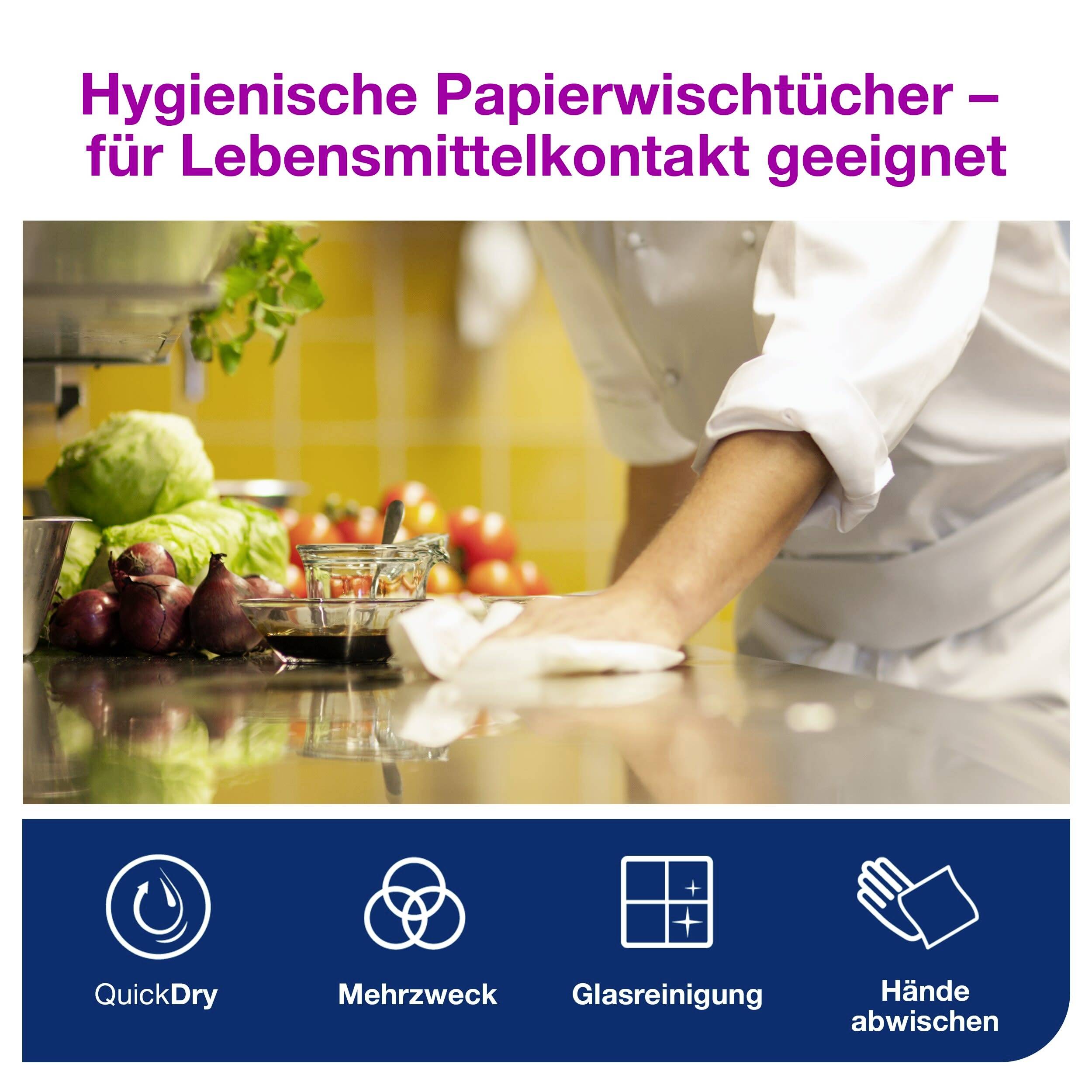 A person is cleaning a kitchen surface with paper wipes. Text at the top says: 'Hygienic Paper Wipes – Suitable for Food Contact'. Symbols at the bottom for various applications.