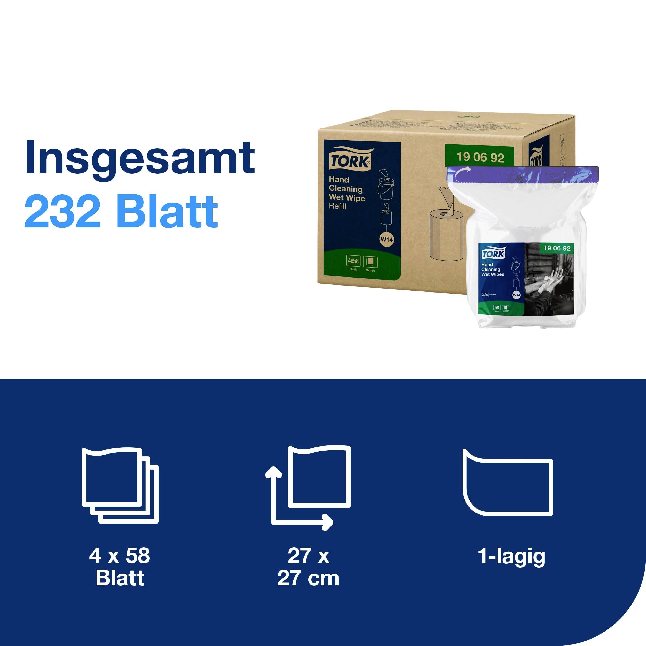 'Total of 232 sheets; Tork Hand Cleaning Wipes, 4 packs of 58 sheets each; Size 27 x 27 cm; Single-ply.'