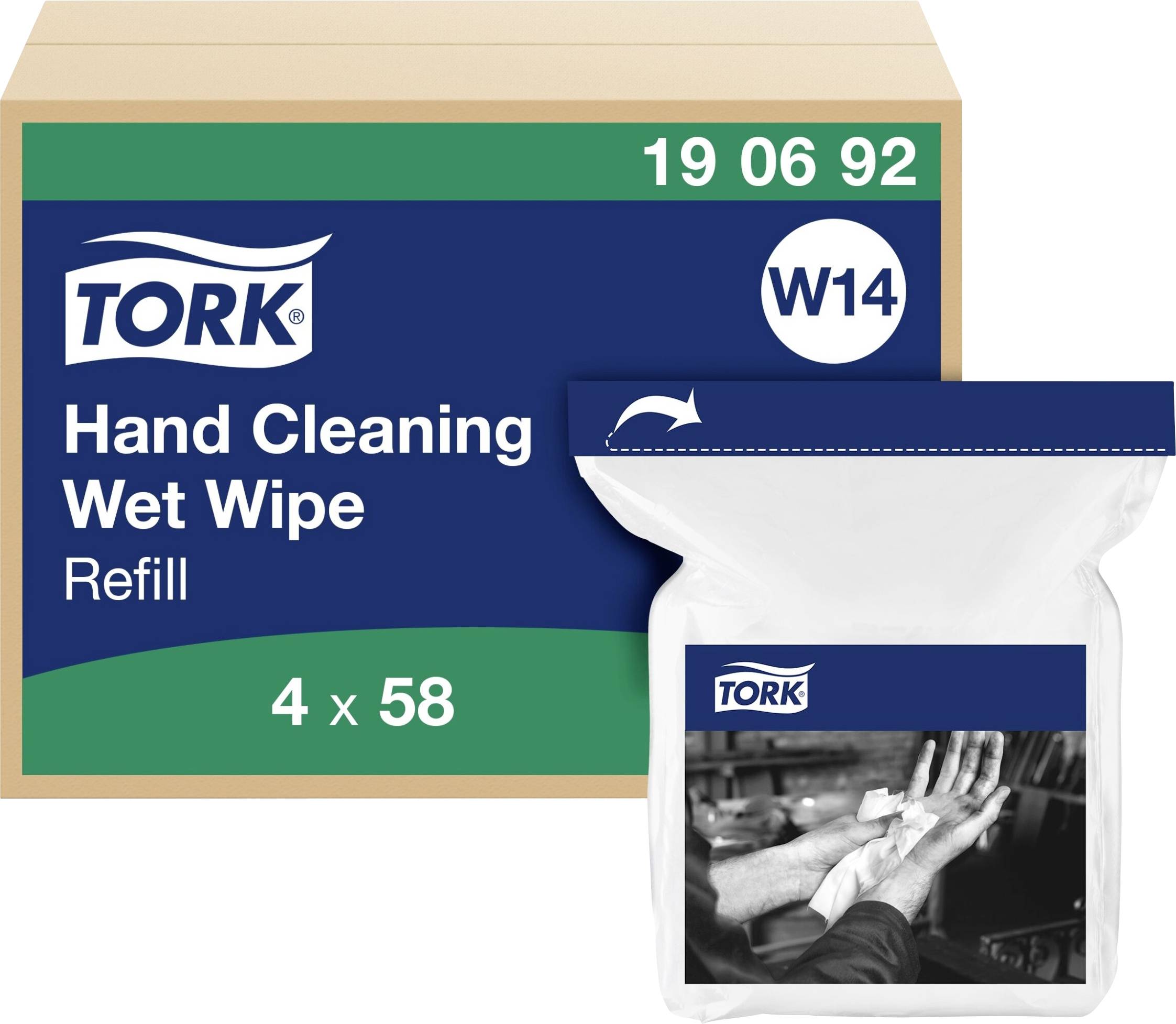 'Packaging with text: Tork Hand Cleaning Wipes Refill Pack, 4 x 58. Image shows hands using a wet wipe.'