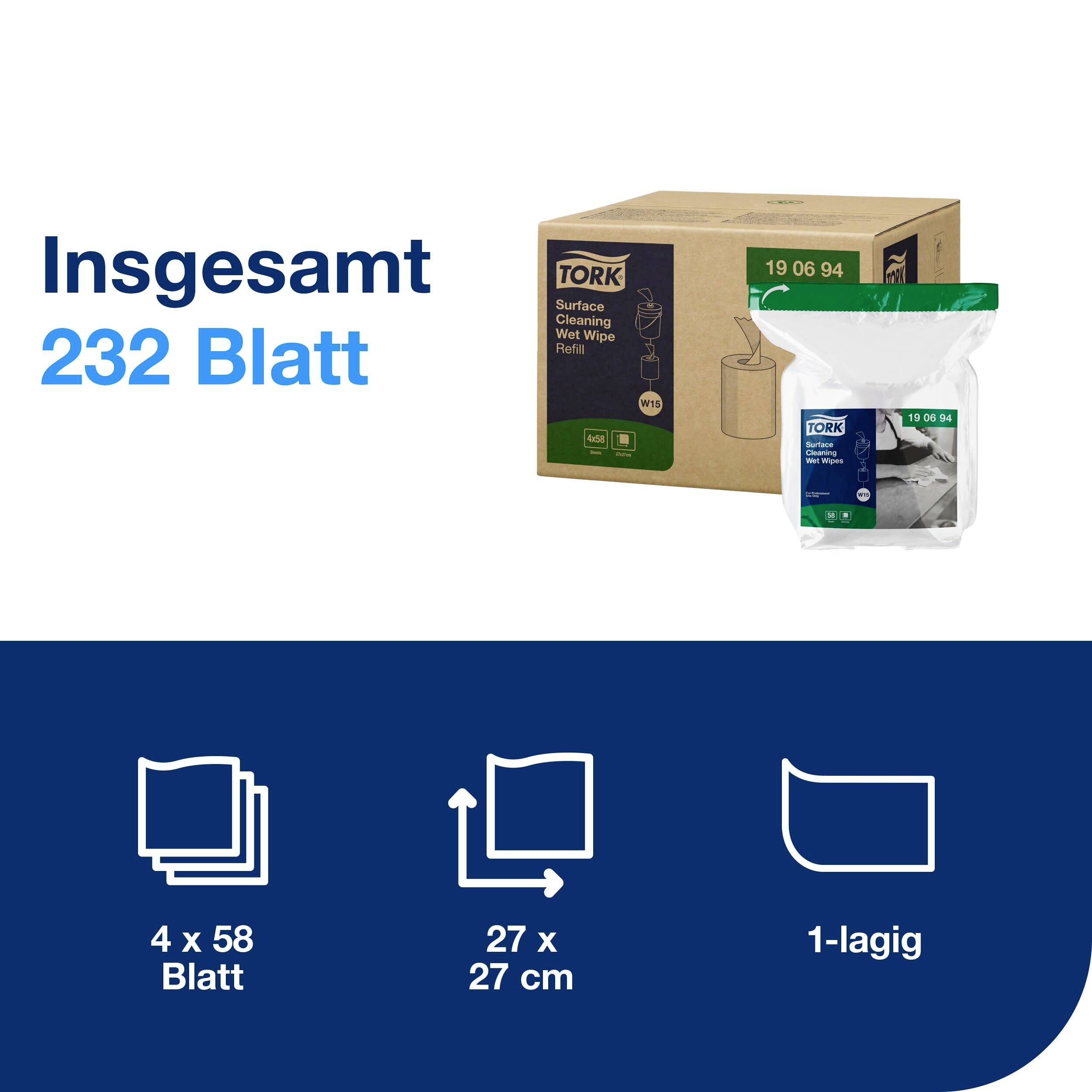'Total of 232 sheets. Tork Surface Cleaning Wipes. 4 x 58 sheets, 27 x 27 cm, 1-ply.'